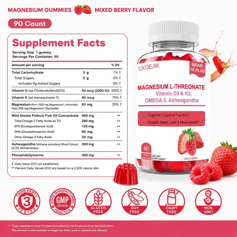 Magnesium L-Threonate Gummies, Natural Berry Flavor, 90 Count, 90 Servings | Magnesium Threonate Gummies with Vitamin D, K2 & Omega-3 Fish Oil - Brain Health, Memory and Sleep Support, Non-GMO 90 Count (Pack of 1)