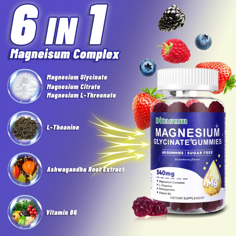 Magnesium Glycinate Gummies with L-Threonate, Vitamin B6, Ashwagandha 540mg per Serving, Sugar Free, Vegan, Relaxation & Nighttime Support, Strawberry Flavor, 60 Gummies 60 Count (Pack of 1)