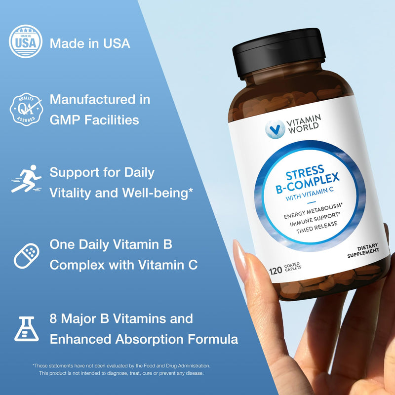 Vitamin World Stress Vitamin B Complex with Vitamin C, 120 Caplets | High-Potency Vitamin B6, B12, Niacin, Folate & Biotin for Stress, Energy, Metabolism & Immune Support, Non-GMO 120 Count (Pack of 1)