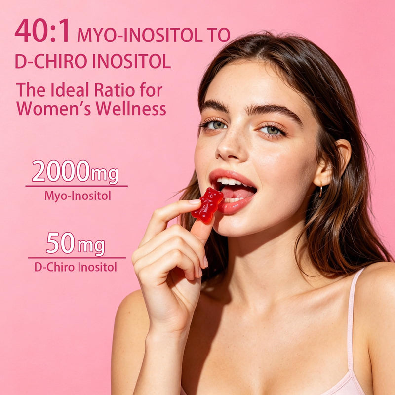 Haohan 2 Pack Myo-Inositol & D-Chiro Inositol Gummies for Female Health, with Vitamin D3, Magnesium Glycinate, Folate & Zinc, Sugar Free, Strawberry Flavor – 120 Gummies