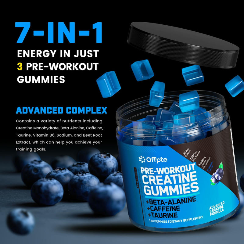Pre Workout Gummies for Men & Women,Cheweable|Sugar-Free|PreWorkout Energy Gummies with Creatine Monohydrate, Beta-Alanine,Taurine for Strength & Endurance,120 Gummies, Blueberry Flavor - BeesActive Australia