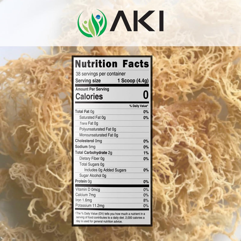 AKI Irish Sea Moss Powder - Rich in 92 Essential Minerals & Vitamins, Including Iodine, Potassium & Magnesium - Ideal for Smoothies & Juices - 100% Vegan, Non-GMO & Supports Wellness (6 Oz/170g)