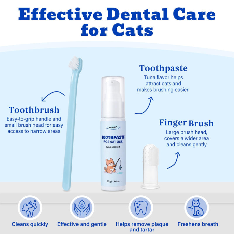 Cat Toothpaste & Toothbrush Set, Tuna Flavor (30g), Gentle Dental Care Kit for Cats, Includes 2 Toothbrushes for Clean Teeth & Fresh Breath
