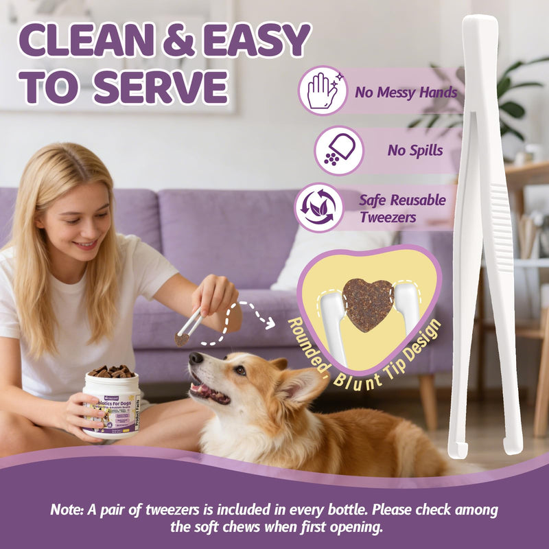 Probiotics for Dogs with Feeding Tweezers, 10 Billion CFUs Chews for Gut & Digestive Health, Itchy Skin & Ears, Diarrhea Relief & Immune Support with 8 Probiotic, Prebiotics, Chicken, 120 Ct/300g