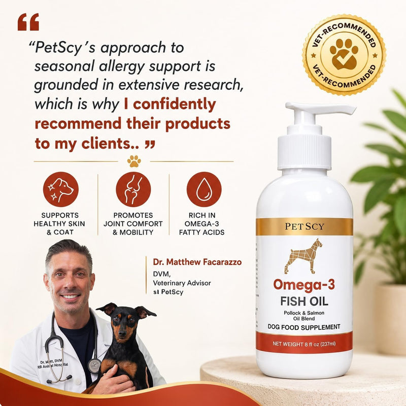 PetScy Omega-3 Fish Oil for Dogs – Supports Healthy Skin, Shiny Coat & Joint Mobility | Pure Wild-Caught Fish Oil with EPA & DHA | Natural Dog Supplement for All Breeds & Sizes – 8 fl oz
