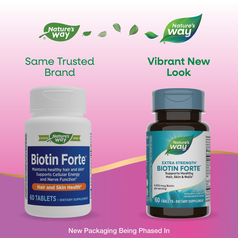 Nature's Way Extra Strength Biotin Forte, 5,000 mcg per Serving, 60 ct | Supports Healthy Hair, Skin & Nails*, High Potency B-Vitamins, Vitamin C, Vegan, Gluten-Free, No Artificial Colors
