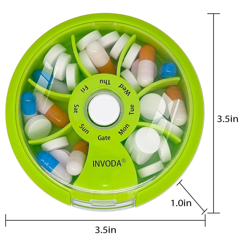 3PCS Weekly Pill Organizer Travel Pill Container Small Portable Pill Case | Cute Round Rotate Pill Dispemser 7 Day Daily Pill Box for Fish Oil Supplements Vitamins, Arthritis Friendly and Portable Green 3pcs