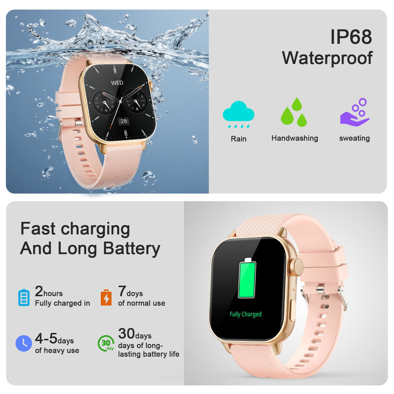 MFVLP Smart Watch for Men Women, 1.85'' AMOLED HD Fitness Watch with 120+ Sports Modes, Bluetooth Call/Heart Rate/Sleep Monitor/Pedometer, Smartwatch for Android iOS, IP68 Waterproof, Gold Deep Pink Gold