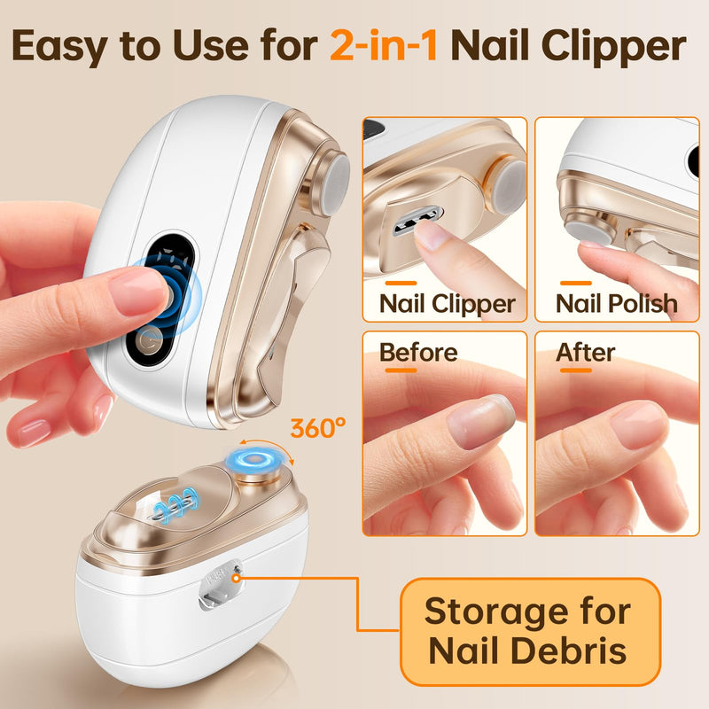 Electric Nail Clipper Upgraded 3 in 1 Automatic Electric Nail Trimmer with Polishing, Dust Storage & LED Light and Screen Nail File Toenail Clippers, Safe for Seniors Adults Baby Elderly Thick Nail Pearlwhite