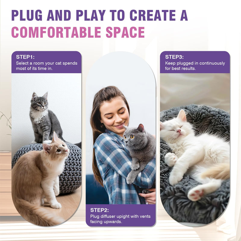 Cat Calming Pheromone Diffuser Refills 4 Pack Anxiety and Stress Calming for Cats Reduce Inappropriate Peeing and Spraying Fragrance Free for Bedroom Bathroom Reduces Conflict in Multi-Cat Households Purple