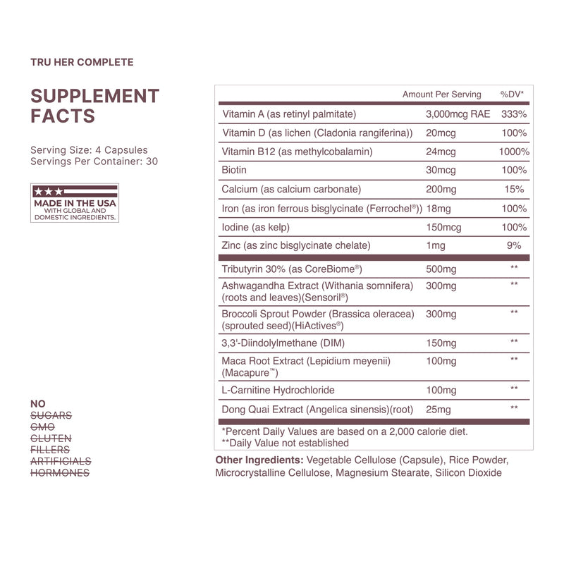 TRU Supplements HER Women’s Health Supplement, Complete Formula for Daily Hormone Support, Gut & Skin Health, Fertility & Mood Booster, PMS & Digestive Support, Natural Women’s Formula - 30 Servings