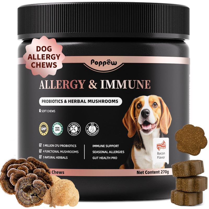 Dog Allergy Chews - Paw Licking, Seasonal Allergy & Itch Relief - Probiotics for Dogs Immune & Gut Health with Turkey Tail Mushroom, Pumpkin - Bacon Flavor - 90 Count 90 Count (Pack of 1)
