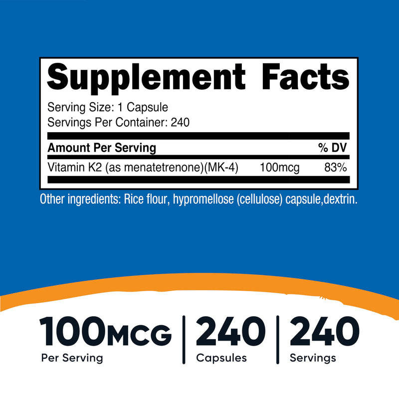 Nutricost Vitamin K2 (MK4) 240 Capsules (100mcg) - Gluten Free and Non-GMO (Pack of 3) 240 Count (Pack of 3)