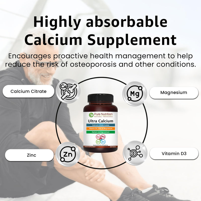 Pure Nutrition Ultra Calcium Citrate 1000mg Highly absorbable Calcium Supplement with Calcium Citrate Malate, Vitamin D, Zinc and Magnesium - 1 Tablet Daily (180 Veg Tabs) Non-GMO | Gluten-Free 1 Count (Pack of 1)