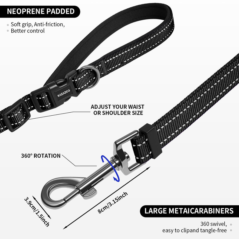Kazazoo Hands-Free Dog Leash Adjustable Length 5-8Ft, Waist for Dog Walking, Running for Small &Medium Dogs with Reflective Strips, Ballistic Nylon, Waist Belt, Lightweight Black M - BeesActive Australia