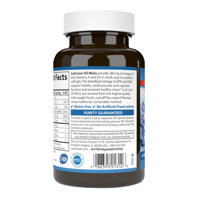 Carlson Cod Liver Oil Minis, 280 mg, From Norway, 250 Mini Softgels | Omega-3s + Vitamins A and D3; Wild Caught; Sustainably Sourced 250 Count (Pack of 1)
