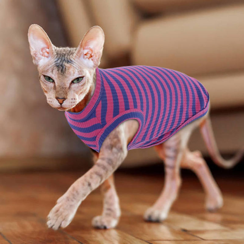 BRKURLEG Sphynx Hairless Cats Shirt Puppy Clothes Soft Cotton T-Shirts Cute Cats Pajamas Cat Stripes Vest Pet Clothes, Round Collar Vest Kitten Shirts(Pink-Blue Stripes, M) Medium PinkBlue Stripe - BeesActive Australia
