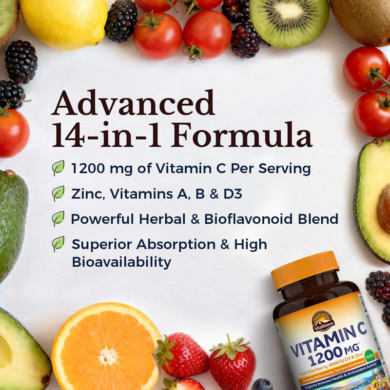 Vitalitown Vitamin C Complex 1200mg with Elderberry, Vitamin D3, Zinc, Quercetin, Rose Hips, Bioflavonoids, Turmeric & Echinacea, 120 Tablets, Non-GMO