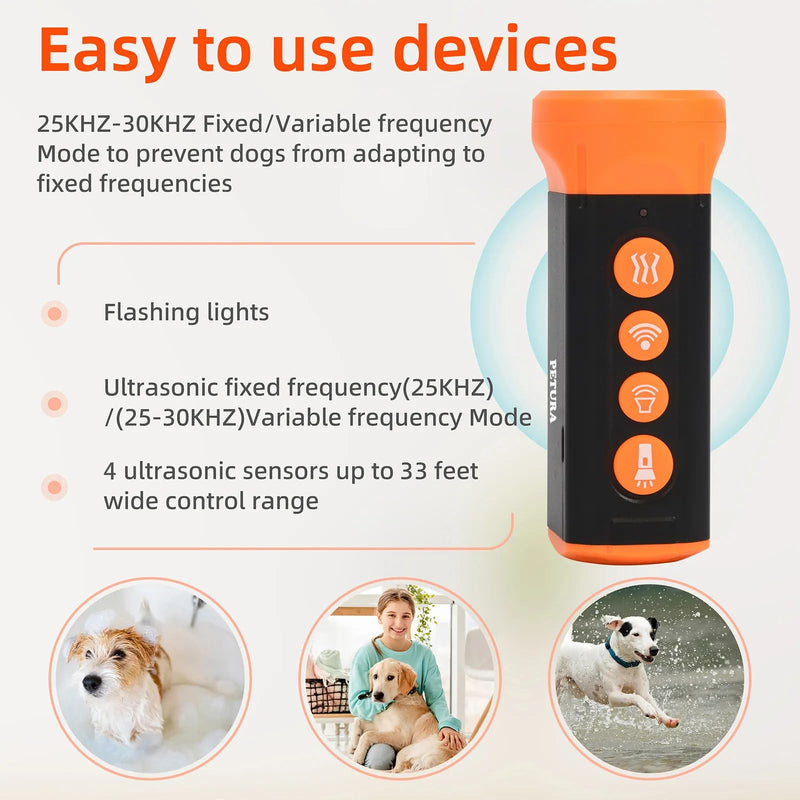 Dog Bark Deterrent Device – Ultrasonic Anti Bark Trainer with 4X Speakers, LED Flashlight & Clicker – Handheld Bark Control for Dogs – Rechargeable & Weatherproof – Orange/Black