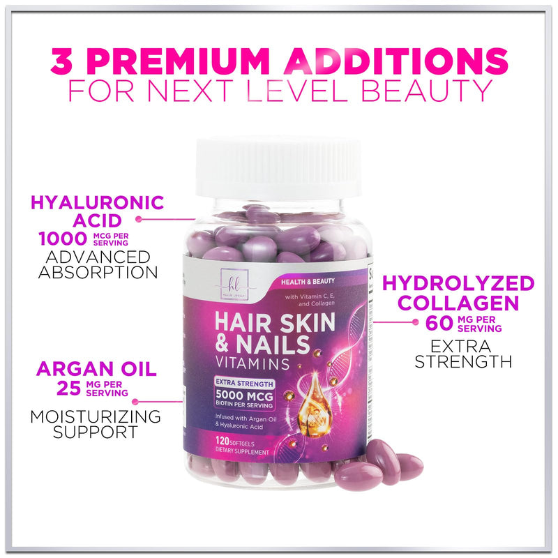 Hair Vitamins for Women for Hair Growth - Argan-Infused Supplement with Collagen, Biotin and Hyaluronic Acid - Supports Faster Hair Growth, Skin & Nails Beauty Vitamins, Bottled in USA - 120 Softgels 120 Count (Pack of 1)