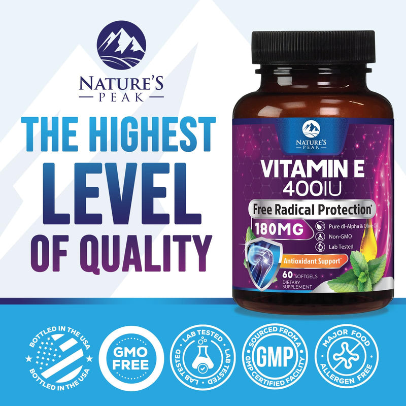 Vitamin E 180 mg Per Serving Softgels - E Vitamin DL-Alpha, Antioxidant-Rich Dietary Supplement for Skin, Heart, and Immune Support, Bottled USA, Easily Absorbed, Non-GMO & Gluten Free - 60 Softgels 60 Count (Pack of 1)