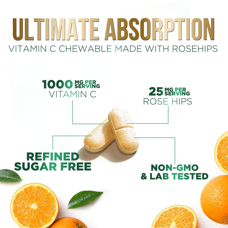 Vitamin C 1000mg Chewable - Sugar Free, Natural Immune Support Supplement with Vitamin C & Rose Hips Bioflavonoids - Extra Strength Antioxidant, Powerful Vit C Chews, Tasty Orange Flavor, 120 Tablets 120 Count (Pack of 1)