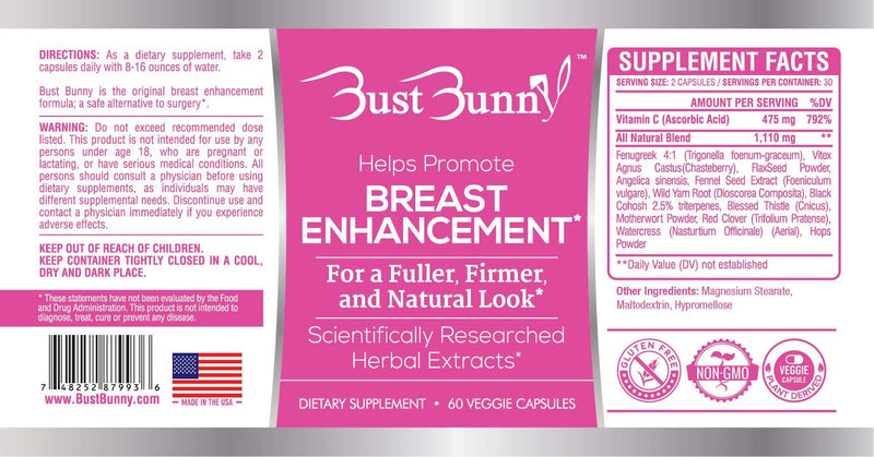 Bust Bunny Breast Enhancement & Enlargement Pills, Vegan, 3 Month Supply | Vegan herbal breast growth support for women & transgender; Fenugreek, Red Clover, Vitamin C; non-GMO with no fillers