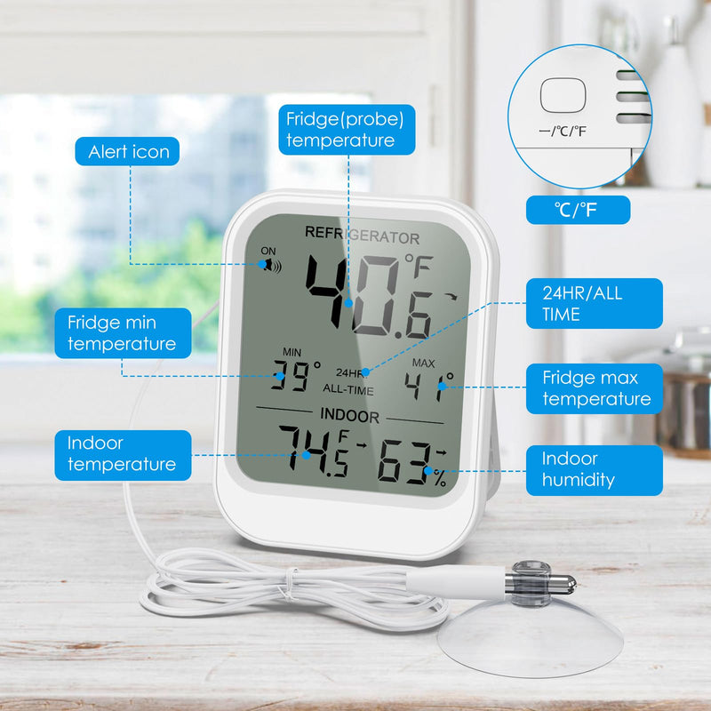 AMIR Digital Fridge Thermometer with Probe, LCD Display, Max/Min Records, Alarm, Digital Thermometer with External Sensor, Magnet, Suction Cup Freezer for Aquarium,Refrigerator,Freeze White - BeesActive Australia
