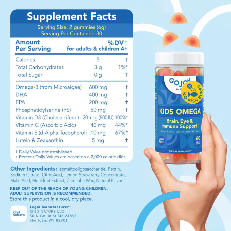 GOJOY Kids Omega 3 DHA Gummies – No Fish Burps, No Sugar – Brain, Eye & Immune Support – Plant-Based Omega-3 from Algae – Vegan, Clean DHA for Toddlers, Children & Kids Ages 3+ 1