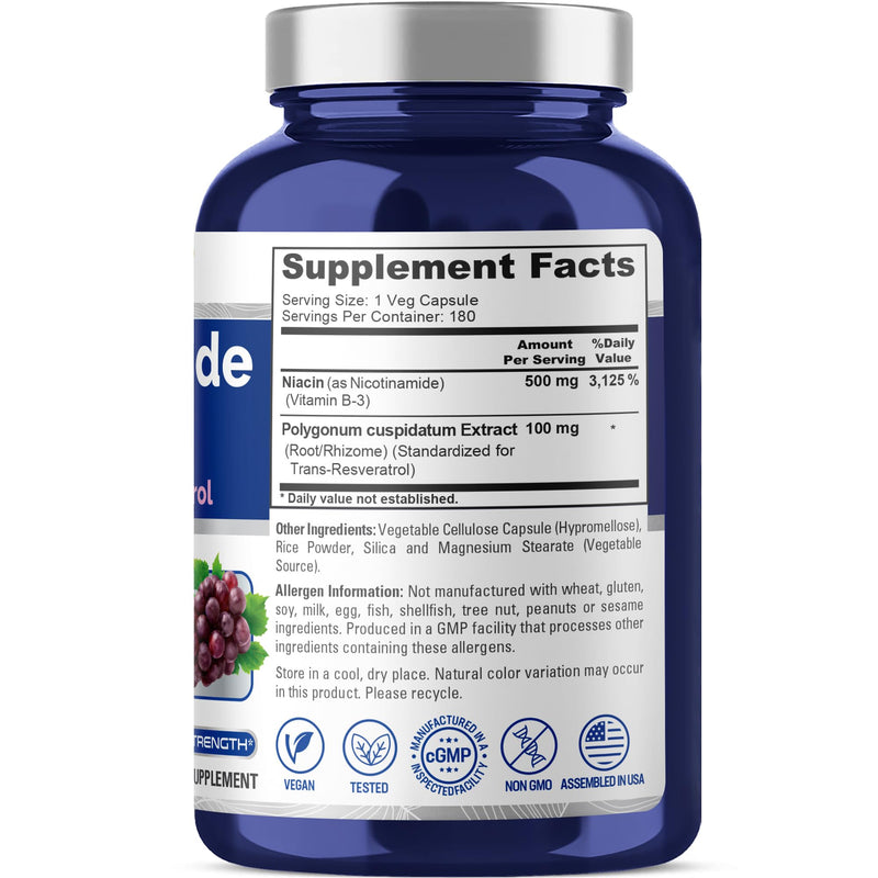 Nicotinamide & Vitamin B-3, Non-GMO, Vegan, 500mg, 180 Caps - 180 Servings | Niacin & Trans Resveratrol, Dietary Supplement Formula, Suitable for Adults, Manufactured in a cGMP Registered Facility USA