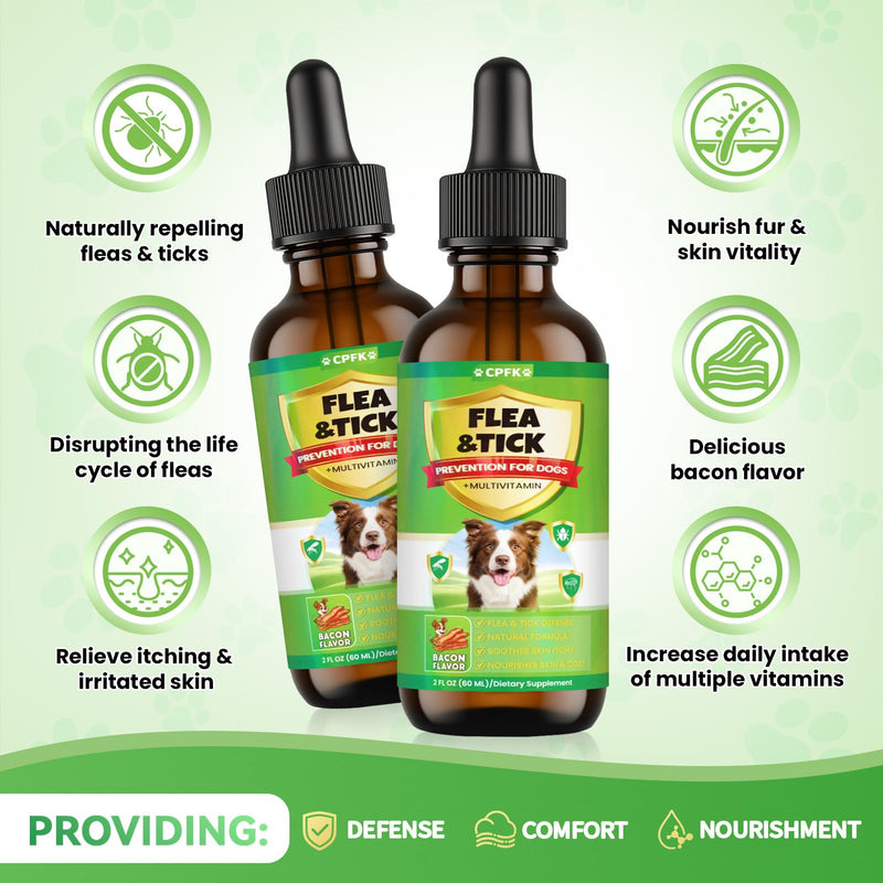 Flea and Tick Prevention for Dog, 60 ML (2 FL OZ) 2 Pack Natural Oral Flea and Tick Drops for Dogs Containing Multivitamin All Breeds and Sizes Fleas Control for Dogs Bacon Flavor 4 FL OZ
