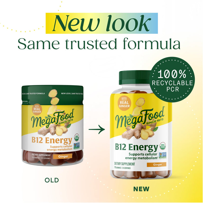 MegaFood Vitamin B12 Energy Gummies, USDA Organic, Ginger, 70 Gummies | With Methylated B12, Supports Cellular Energy, Brain & Nervous System Health, For Kids, Teens & Adults, Vegan, 35 Servings
