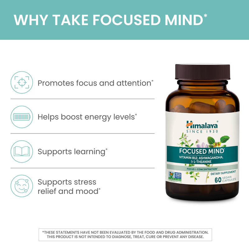Himalaya Focused Mind Supplement with L-theanine & Vitamin B12, 60 Capsules | Focus & Energy Support with herbs like Ashwagandha & Bacopa for Attention, Brain Supplements for Memory & Focus, Gluten Free