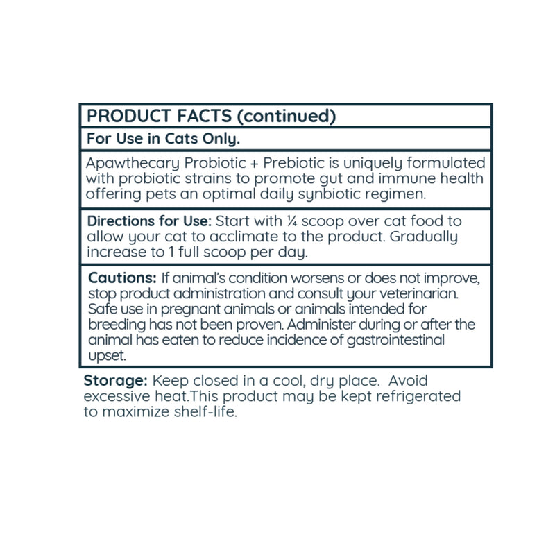 Apawthecary Probiotic and Prebiotic Supplement for Cats, 7 Strain Blend, 3 Billion CFU, Natural Pumpkin Carrot Flavor, Gut Health Support, 3.8 oz Powder with Measuring Scoop