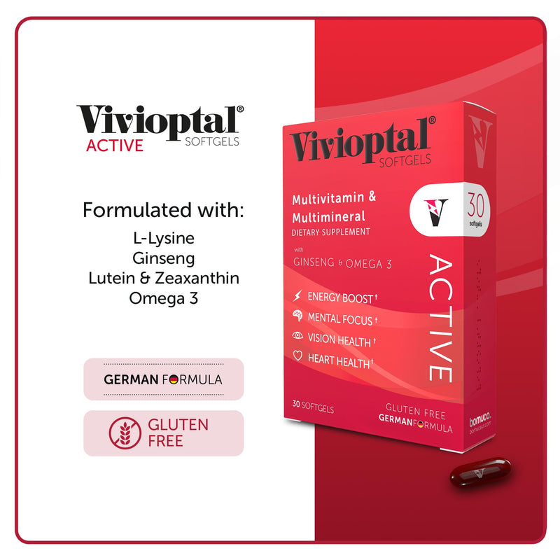 Vivioptal Active, 30 Softgels, Ginseng & Omega 3, Multivitamin & Multimineral, Gluten Free, German Formula