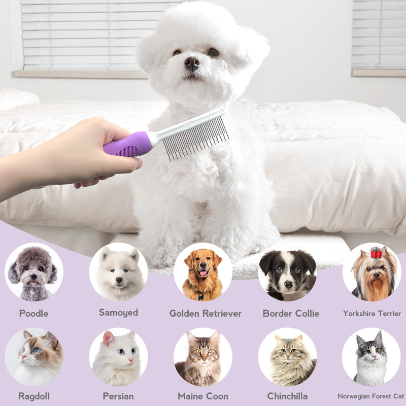 Detangling Pet Comb for Dog & Cat, Grooming Comb with Long & Short Stainless Steel Teeth, Safely Remove Knots & Tangles for Healthy Shiny Coat, Gentle Effective Detangling Tool for Pet Hair (Purple) Purple - BeesActive Australia