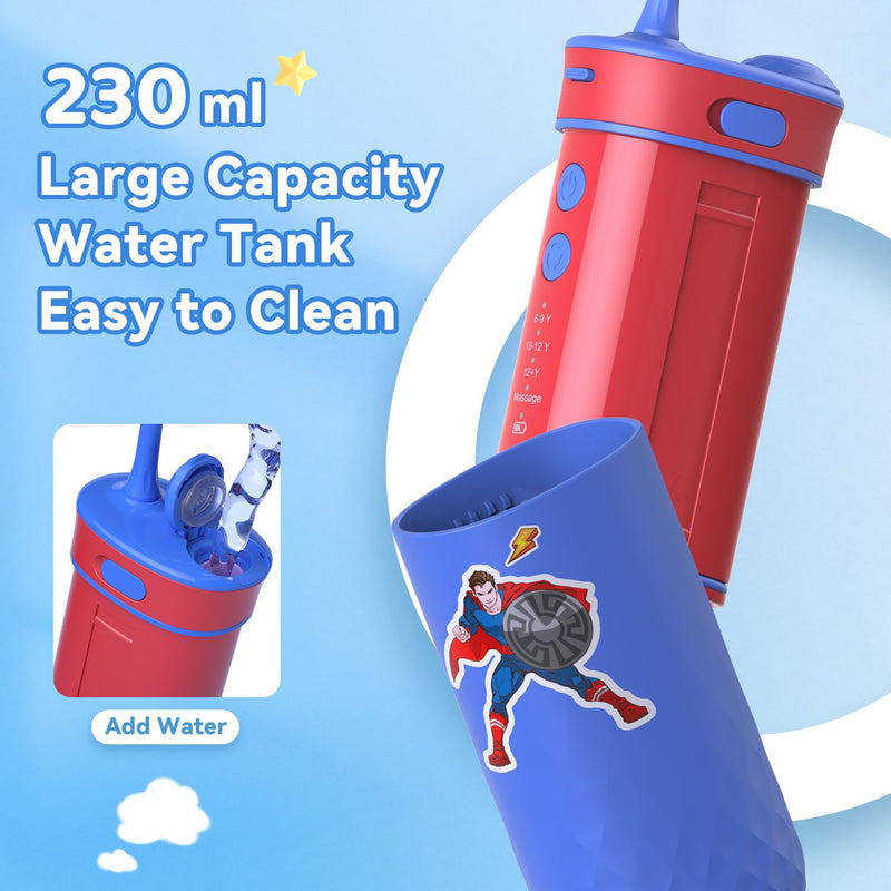 JTF Portable Water Flosser for Kids: 4 Gentle Modes for Ages 6+, Safe & Effective for Sensitive Teeth, Braces - with DIY Stickers, 4 Nozzles, Travel Bag, Mini Compact Oral Irrigator for Home & School Blue+red