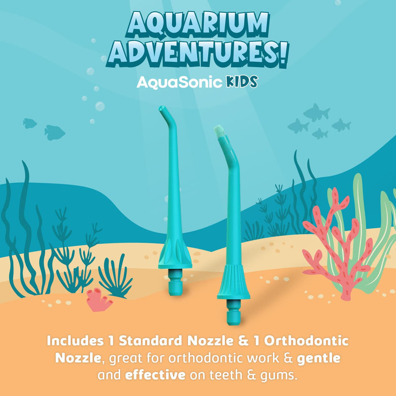 AquaSonic Kids' Water Flosser for Ages 6+ | Standard Nozzle, Orthodontic Nozzle & Waterproof Stickers | 4 Flossing Modes | Aquarium Adventures Theme (Blue) Blue