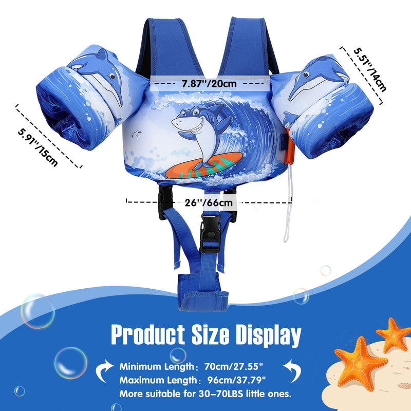 MoKo 13-30 lbs/30-70 lbs Toddler Floaties Arm Floaties, Toddler Swim Vest Cartoon Swim Arm Band for Kids with Crotch Strap Pool Float Vests Sleeves Shoulder Straps Learn to Swim Blue Surf Shark for kids 30-70 lbs - BeesActive Australia