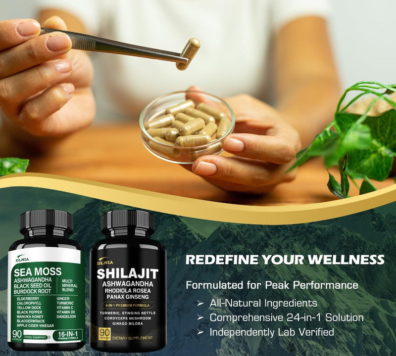 Shilajit 9000mg, Sea Moss 17500mg, Ginger & Black Seed Oil 4000mg, Ashwagandha 5000mg, Rhodiola Rosea, 1000mg Panax Ginseng 1500mg, All in 1 Supplement - Sea Moss & Shilajit Vitality Bundle - BeesActive Australia