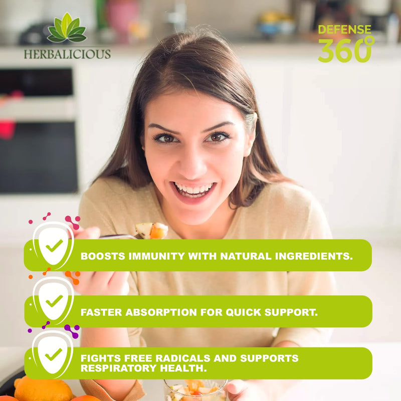 Defence360 Immune Support 8-in-1 Supplement with Vitamin C, D3, Zinc, Elderberry, Echinacea, Turmeric, Ginger & Quinine, Immune Protection, Energy and Vigor, Brain Boost, Stress Relief (120 Capsules)