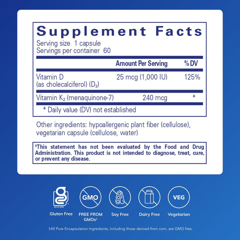 Pure Encapsulations PureHeart K2D, 60 Capsules | Heart Health Supplement*, with Vitamin K2 and D3, Cholecalciferol Vitamin D and MK-7, Non-GMO and Vegetarian