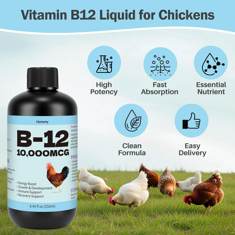 Vitamin B12 Liquid for Poultry, 10000 MCG Nutritional Supplement for Chickens, Supports Daily Vitality & Development, Liquid Vitamin Feed Additive for Hens, Roosters, Ducks, Geese & Turkeys