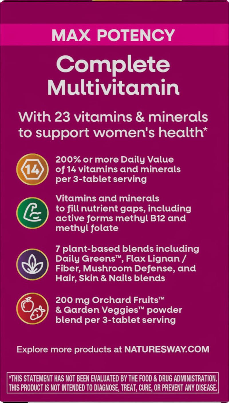 Nature's Way Alive! Max3 Potency Women's Complete Multivitamin, 90 ct | High-Potency Formula with Methylated B12, Folate, CranRx, Spirulina, Digestive Enzymes; Gluten-Free, No Artificial Colors