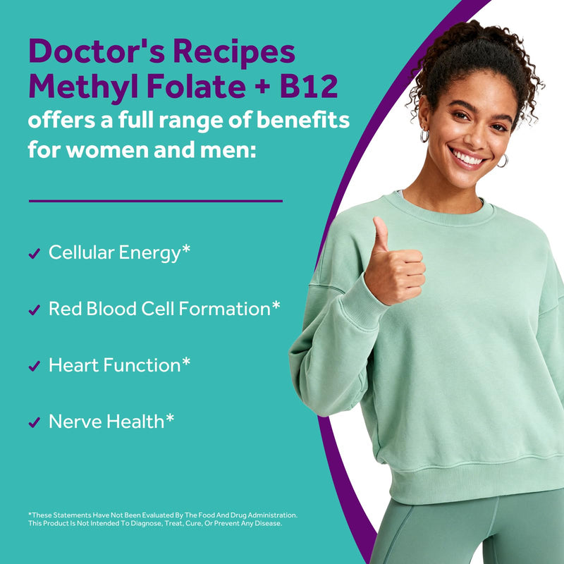 Doctor's Recipes Methyl Folate & B12 Supplement for Women and Men, L-5-MTHF 1000 mcg, Vitamin B12 1000 mcg, Bioactive, Naturally Occurring, High Absorption, Nerve, Energy & Heart Support, 60 Caps