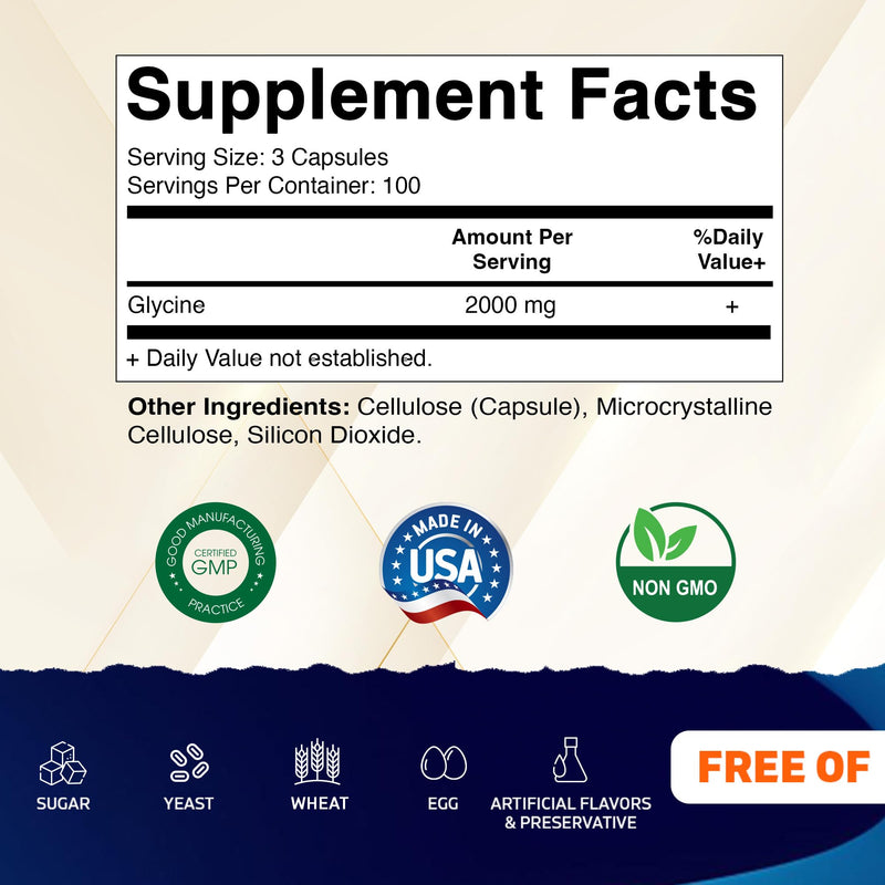 Vitamatic Glycine Supplement, 2000mg Per Serving, 300 Count, Non-GMO, Gluten Free