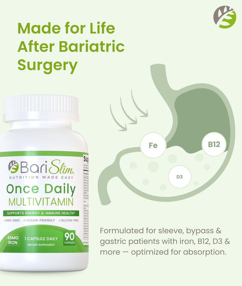 BariSlim Once Daily Bariatric Multivitamin Capsule - 45mg of Iron - Bariatric Vitamin & Supplement for Post Bariatric Surgery Including Gastric Bypass & Gastric Sleeve | 90 Day Supply 90 Count (Pack of 1)