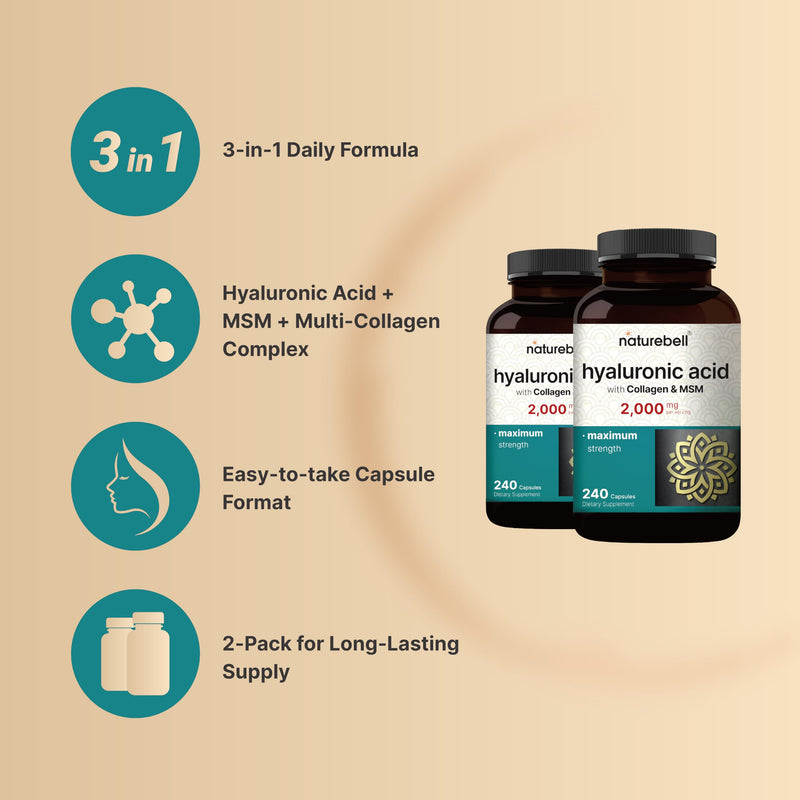 NatureBell 2 Pack Hyaluronic Acid Supplements 2,000 mg | 480 Total Capsules, with MSM & Hydrolyzed Bovine Collagen – 3 in 1 Support for Skin Hydration, Joint Lubrication, Hair, and Eye Health 240 Count (Pack of 2)
