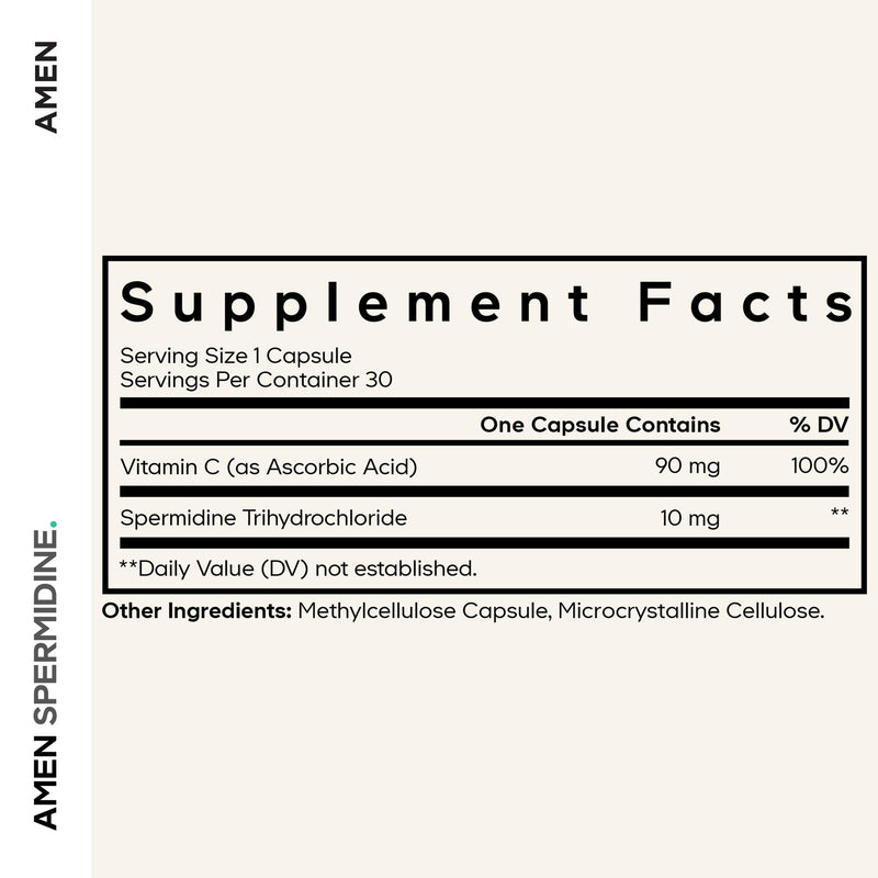 Amen Spermidine, Trihydrochloride, Vitamin C, Vegan, 30 Capsules | Spermidine 10 mg with vitamin C, one capsule per serving. Gluten-free, vegan, non-GMO.