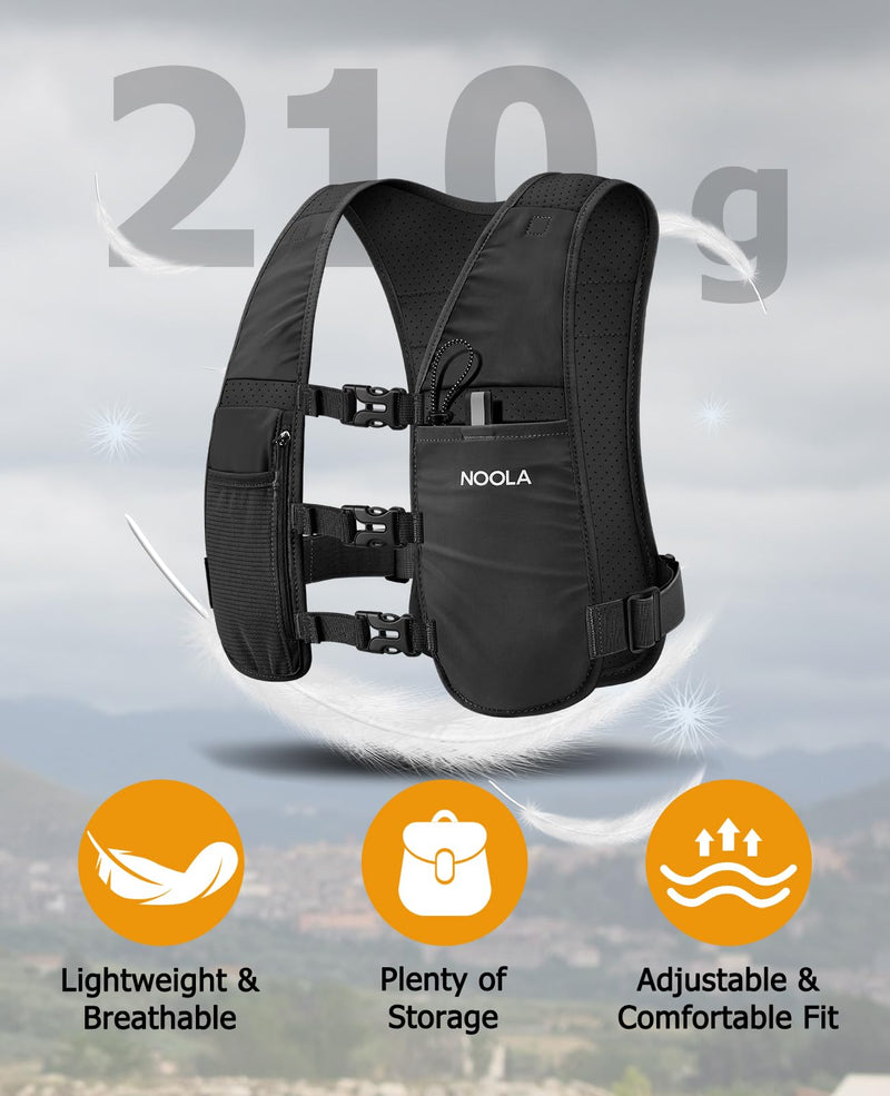 NOOLA Running Vest for Men Women, Adjustable Running Hydration Vest with 500ml Soft Flask, Water Backpack with Phone Holder Black